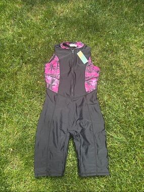 Women's Black & Pink One-Piece Swim Suit with Front Zip